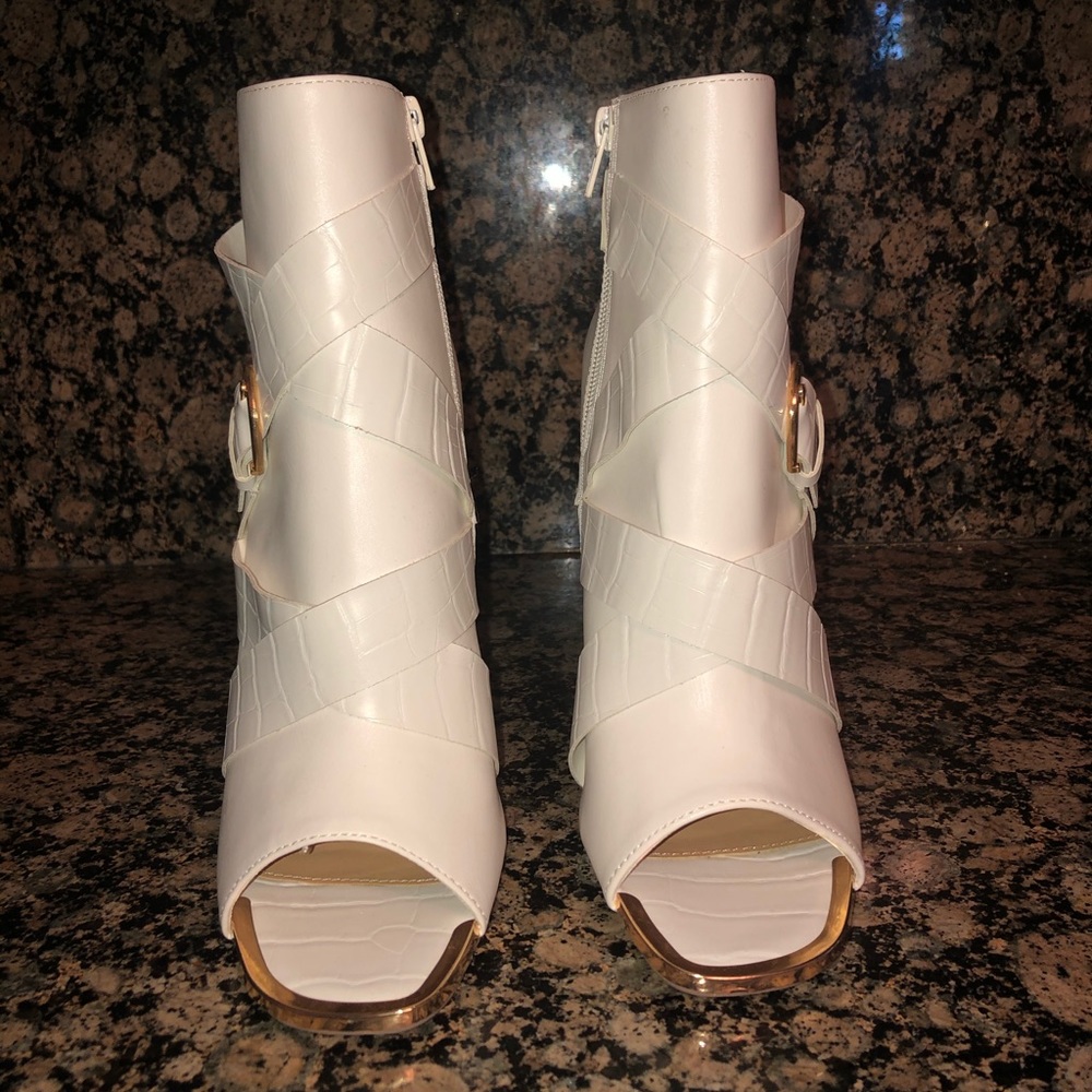 JustFab open-toe 4.5" heeled boots w buckle detail